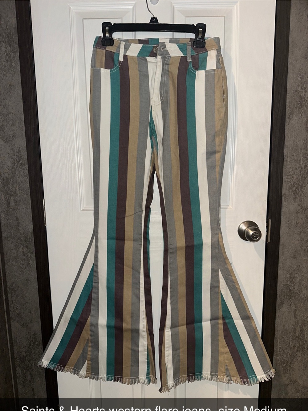 Striped Flare Wide-Leg Jeans - Teal, Brown & Cream